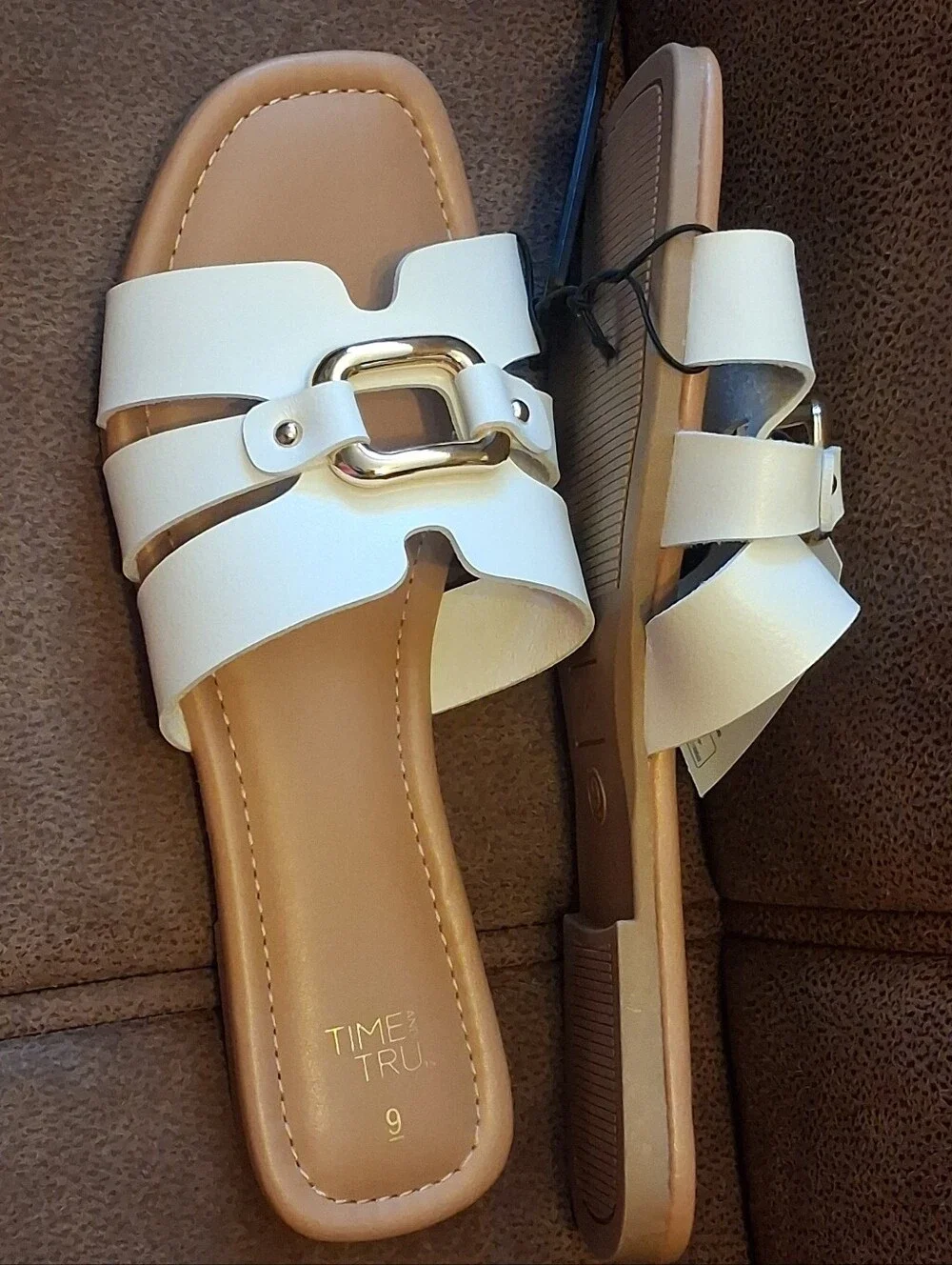 Time and Tru Embellished Slide Sandals with Gold Buckle White Size 9
